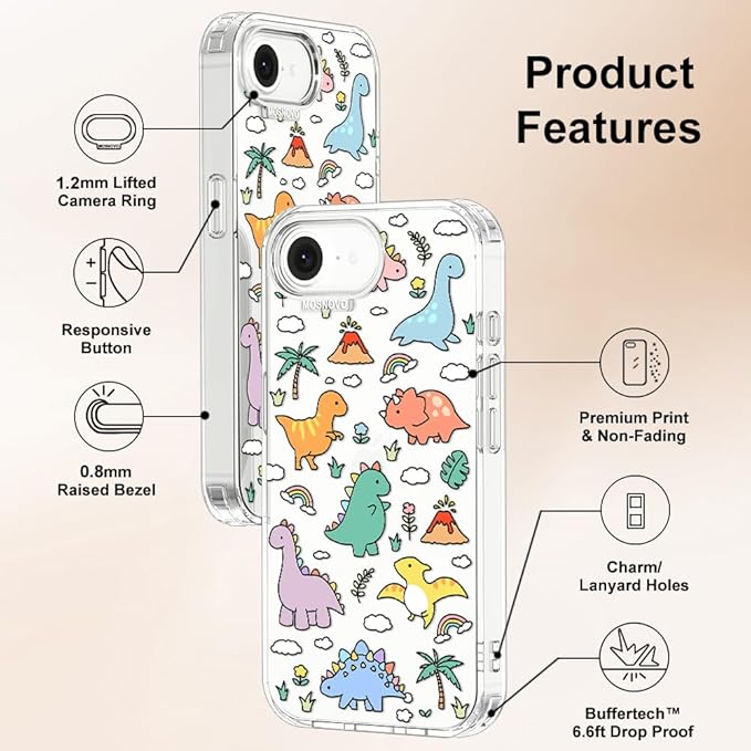 MOSNOVO for iPhone 17e Case/iPhone 16e Case, Shockproof Military-Grade Protection 6.6ft Drop Tested, Clear Phone Case for iPhone 16e / iPhone 17e, Dinosaur Land Design