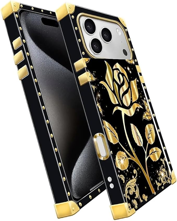 for iPhone 17 Pro Max Case Luxury Golden Decoration for Girl Women Soft TPU Shockproof Protective Hard PC Back for iPhone 17 Pro Max Crazy Pattern Shine Gold Rose