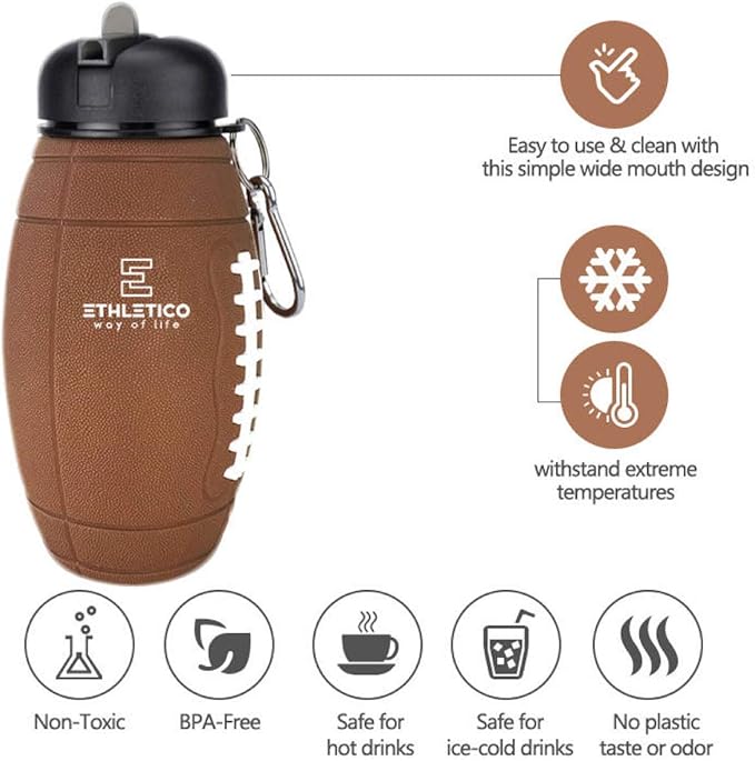 Clip-On Collapsible BPA-Free Silicone American Football Water Bottle for Kids, 20 Oz. Size