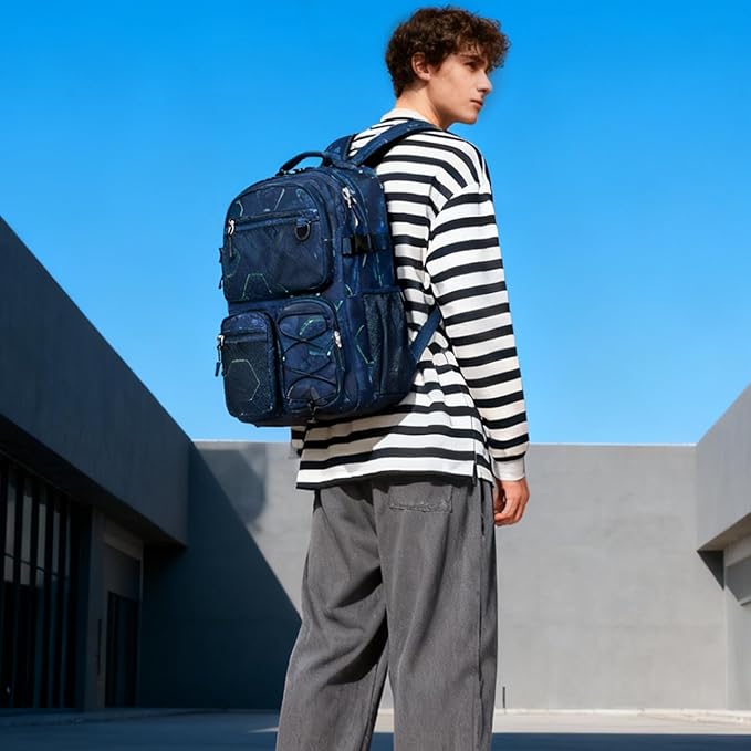 Lohol Multi-Pocket Backpack for School College Travel, Heavy Duty Big Bookbag with 15.6 inch Laptop Compartment (Navy Geometry