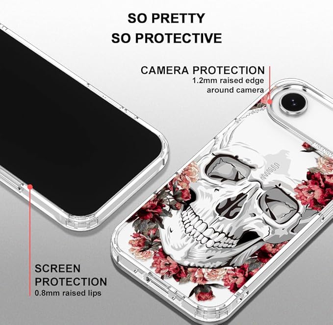 MOSNOVO for iPhone Air Case | Military Grade 6.6ft Drop Tested | Camera Control | Clear with Red Flower Skull Design