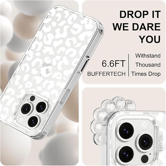 MOSNOVO Case for iPhone 16 Pro, [Buffertech 6.6ft Military-Grade Drop Protection] [Anti Peel Off Tech] Clear TPU Bumper Phone Case Cover Design - White Leopard Print