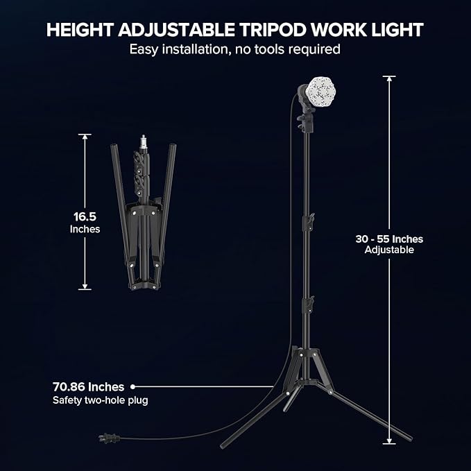 SANSI 365W Equivalent LED Work Light, 5500LM 5000K Portable Work Light With Telescoping Tripod Stand, LED Work Light with Stand Adjustable 30-55 Inches, Premium Carbon Steel Strong and Stable