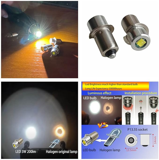 P13.5S PR2 LED Bulb Flashlight Replacement Led Conversion kit 2D 3D 4d Cell Bulbs 3W 3V 4.5V 6V for 2-4C&D LED Bulbs 4Pack