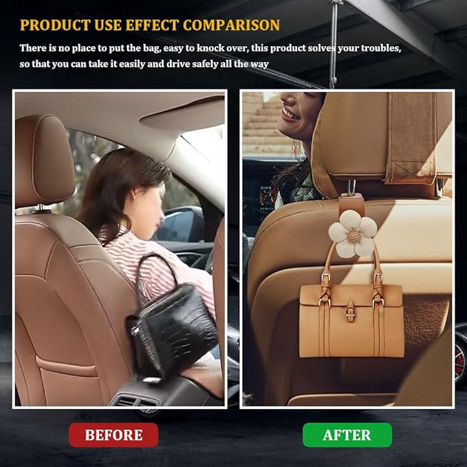 4PCS Car Hooks for Purses and Bags, Flower Car Headrest Hook, Multipurpose Back Seat Hanger Storage Organize Universal (4PCS-Brown Flower)