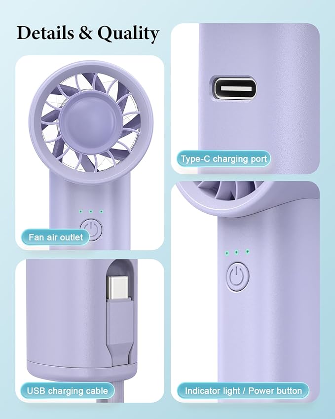 Portable Handheld Fan with Power Bank(High-Speed),3 IN 1 USB Rechargeable Mini Personal Fan with Flashlight,Small Size for Outdoor/Travel/Beach/Concerts/Summer.Gifts for Girl,Women.Purple