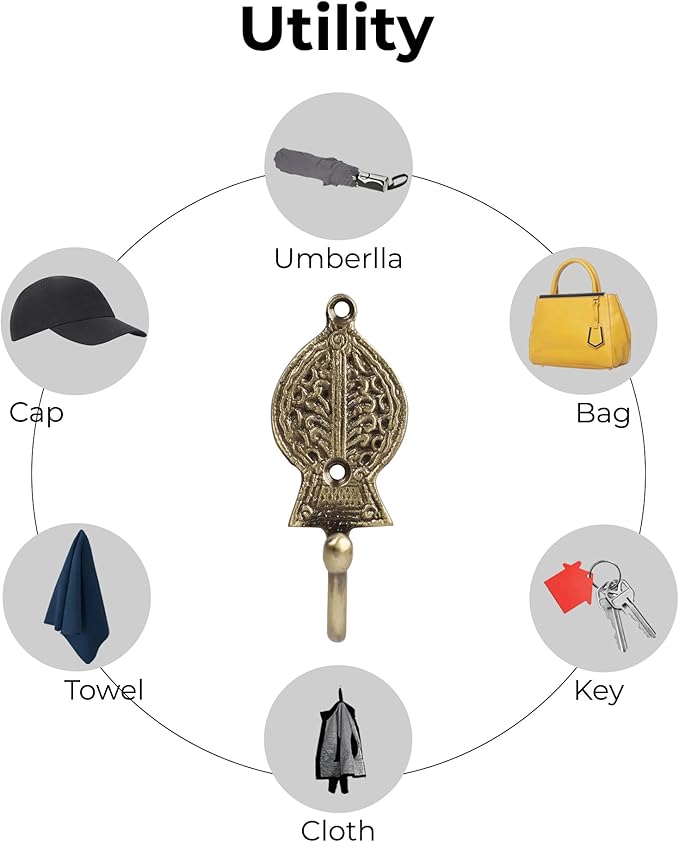 FAPBADRI Multipurpose Hooks, Used to Hang Clothes, Bags, Coats, Curtain Hold Backs, Keys, Colour - Antique Gold, Material - Brass, Retro Design, Screws and Wallplugs Included, Pack of 4 Pieces