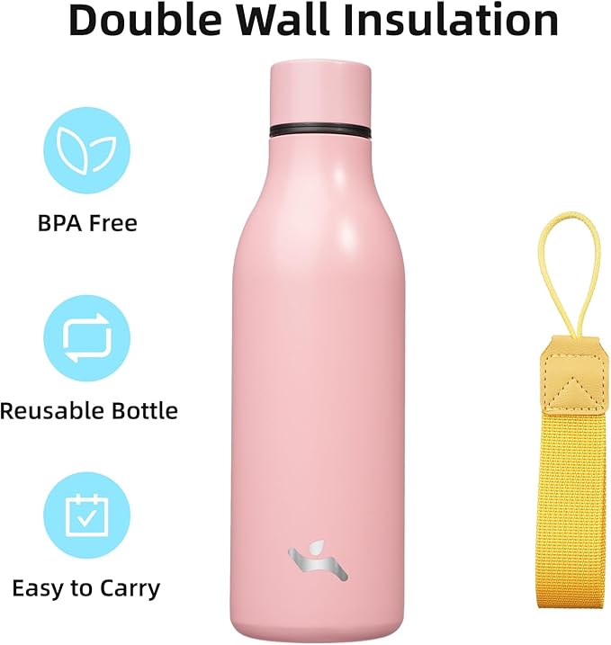 Konokyo Insulated Water Bottle with Strap,18 oz Double Wall Stainless Steel Vacuum Bottles Metal Water Flask,Light Pink