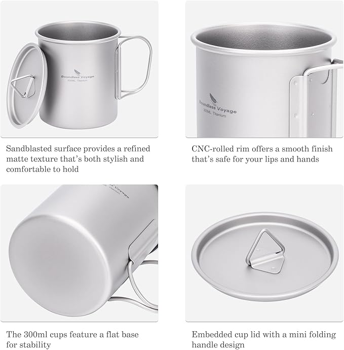 Boundless Voyage Titanium Camping Mug with Lid 300ml 450ml 750ml Lightweight Folding Handle Cup for Outdoor Backpacking Hiking Travel Durable Portable (300ml)