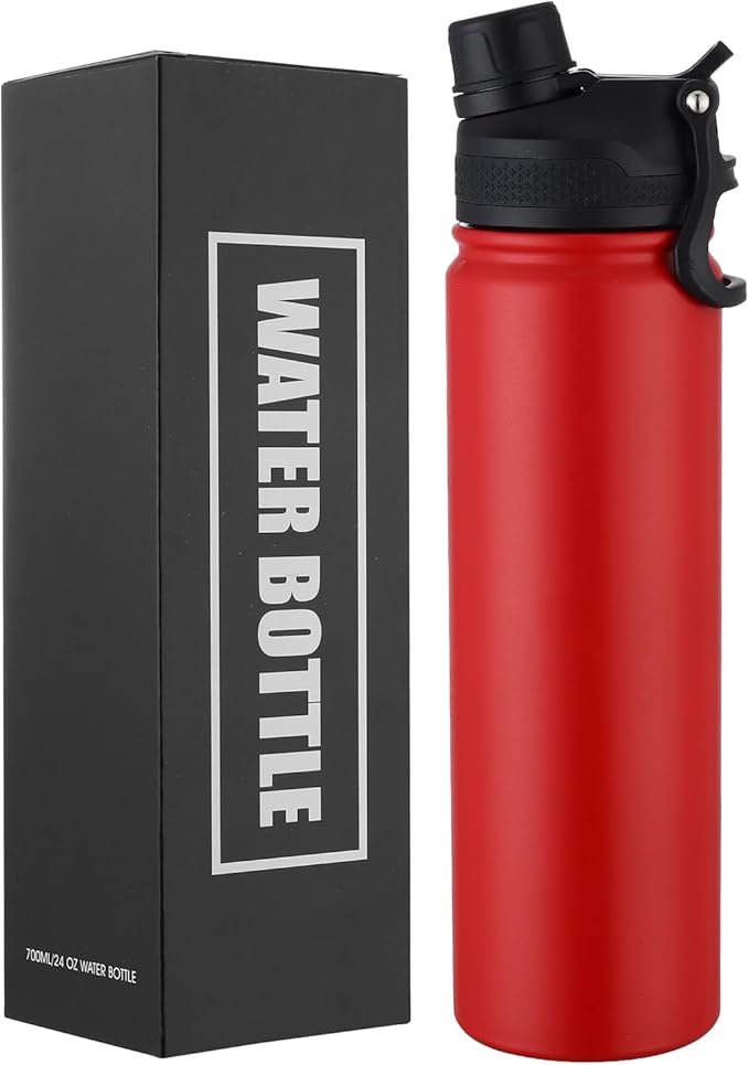 Insulated Water Bottle 24oz, Stainless Steel Double Wall Vacuum Sports Flask with 2-in-1 Straw & Chug Lid, BPA-Free, Leak Proof, Keeps Cold 24H for Travel Gym School
