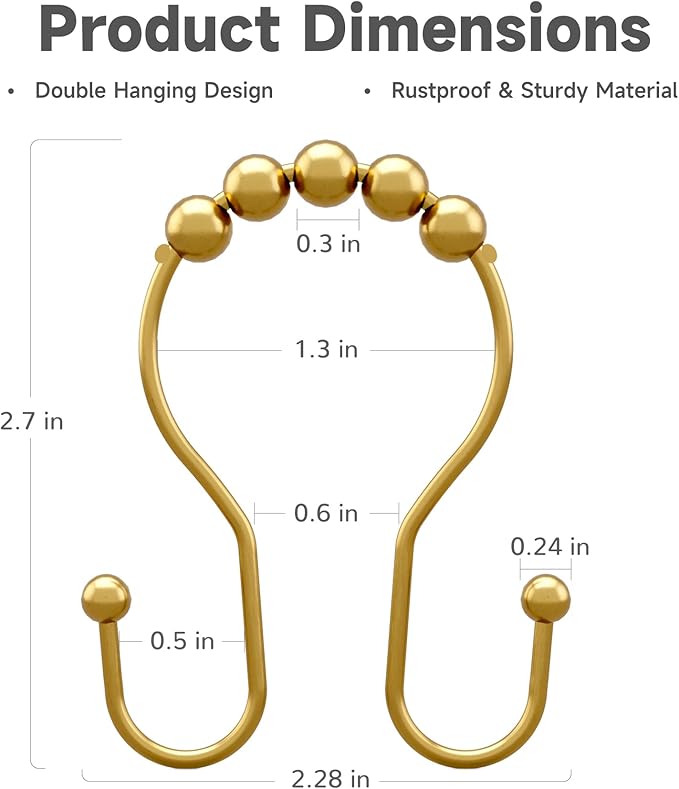 Bathway Shower Curtain Hooks, Shower Curtain Rings Rust Proof Double Hook Shower Curtain Hooks, 12 Pcs Dark Gold Shower Hooks for Shower Curtain, Shower Rings for Curtain, Metal Shower Rod Hooks