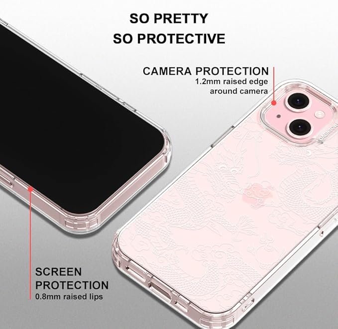 MOSNOVO Case for iPhone 15, [Buffertech 6.6ft Military-Grade Drop Protection] [Anti Peel Off Tech] Clear TPU Bumper Phone Case Cover Design - White Dragon
