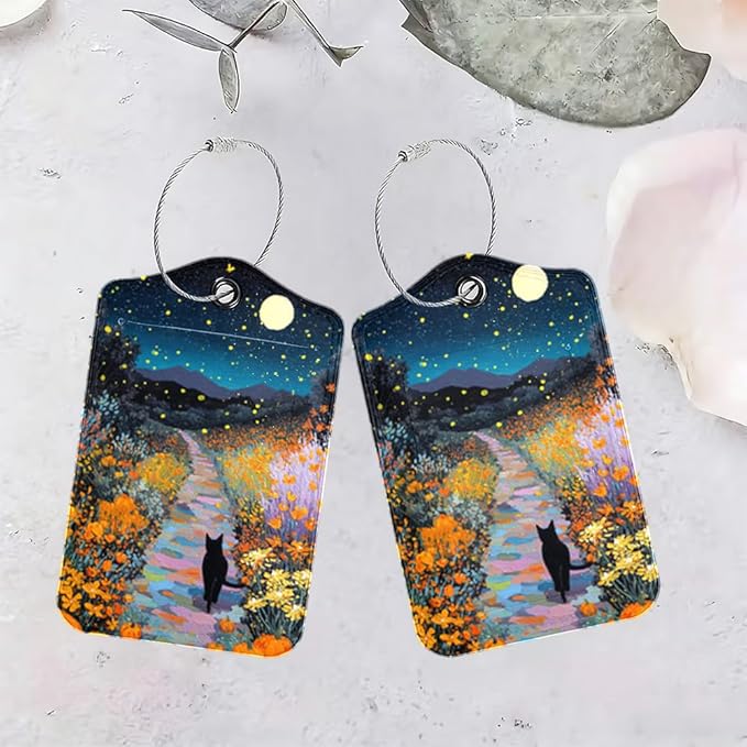 2Pcs Black Cat Pumpkin Luggage Tags, 2.83x4.53 Halloween Suitcase ID Labels with Privacy Cover, Aesthetic Starry Night Bag Tags for Backpacks, Fall Autumn Travel Accessories, Set of 2