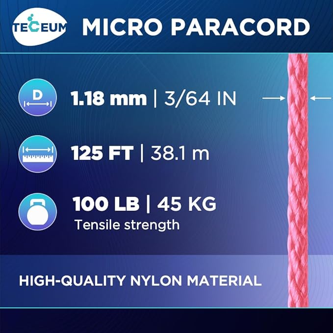 TECEUM Micro Paracord – 1.18 mm X 125 ft – Micro Utility Cord – Thin Braided Paracord Rope – Best for Crafting, DIY Projects, Fishing, Camping – Wind Chime Replacement – Survival Strong String