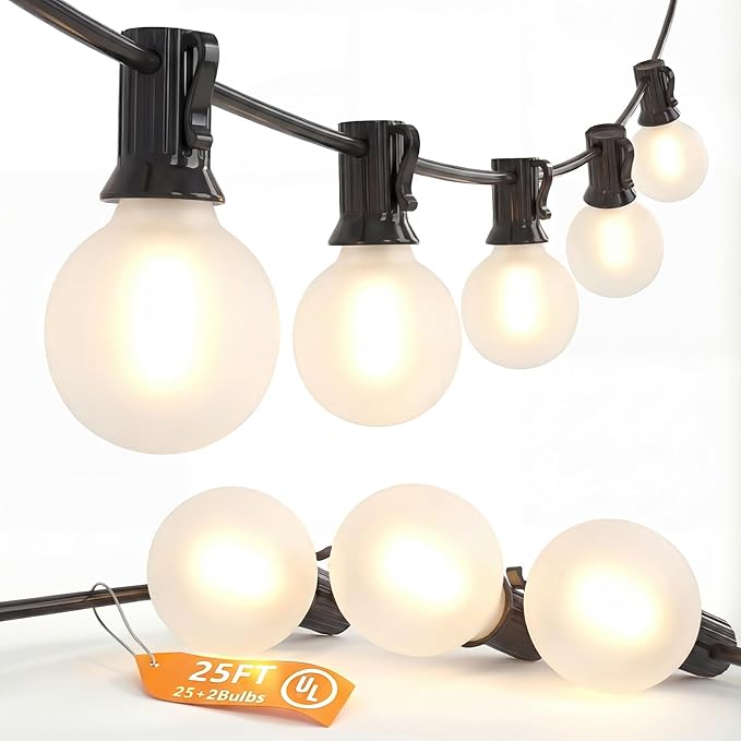 G40 Outdoor Globe Lights, 25FT Globe Christmas Lights with 27 LED Shatterproof Frosted Bulbs (2 Spare), Outdoor String Lights for Party Patio Garden Backyard Bistro Pergola Gazebo Decor, Black Wire