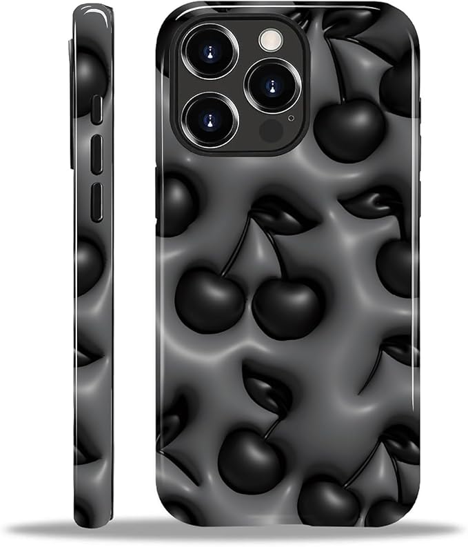 for iPhone 14 Pro Case,HL2 Cute Cool Cherry Black Hybrid 2 Layer Hard Shell Silicone Protective Pattern Design Case