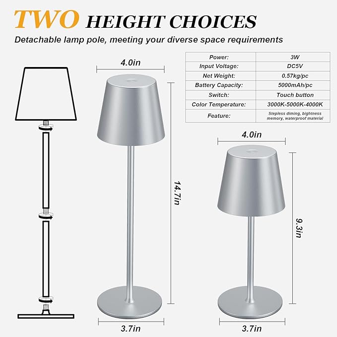 Kakanuo Cordless Table Lamp Rechargeable - Silver Grey 2 Pack 5000mAH Battery Operated Lamp for Counter, 3 Color Stepless Dimming Wireless Lamp for Dining Kitchen, Outdoor Patio, Touch Control