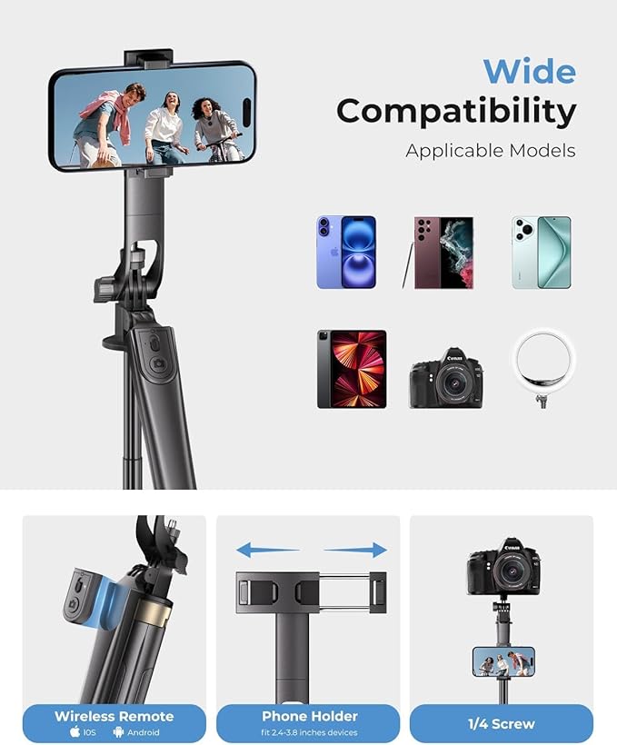 72" Phone Tripod, Tripod for iPhone with Wireless Remote Control, Portable Selfie Stick for iPhone, Live Streaming, Video Recording, Compatible with Cell Phones, Cameras