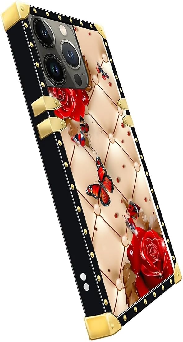 Compatible with iPhone 14 Pro Case, Shining Red Rose Butterfly Leather Background Luxury Golden Decoration for Girl Women Soft TPU Shockproof Protective Hard PC Back for iPhone 14 Pro