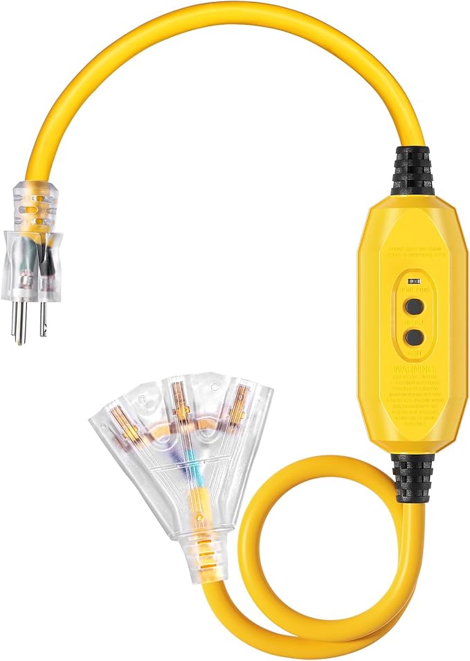 DEWENWILS 3 FT Automatic GFCI Extension Cord Outdoor, 12/3 Gauge Extension Cord for Multiple Appliances, Heavy Duty Power Cable with LED Lighted 3 Prong Plug, Yellow, UL Listed