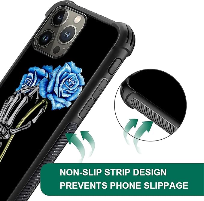 for iPhone 15 Pro Case, Skeleton Holding Blue Rose Pattern Graphic Design Girl Boy Soft Silicone Hard Acrylic Shock Protection for iPhone 15 Pro