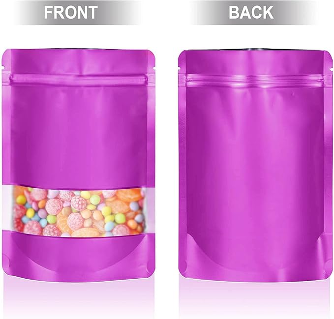 6.3"x9.5" 120pcs Mylar Bags for Food Storage,Smell Proof Bag with Matte Window Resealable Food Storage Bags for Small Business, Stand-up Foil Pouch Packaging Freeze Dried Candy Bag（Purple）