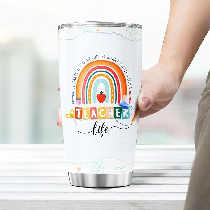 Teacher Appreciation Gift for Women, Cute Rainbow Design Stainless Steel Tumbler, 20oz Insulated Travel Cup with Nutrition Facts, Back to School, End of Year, Birthday Thank You Idea