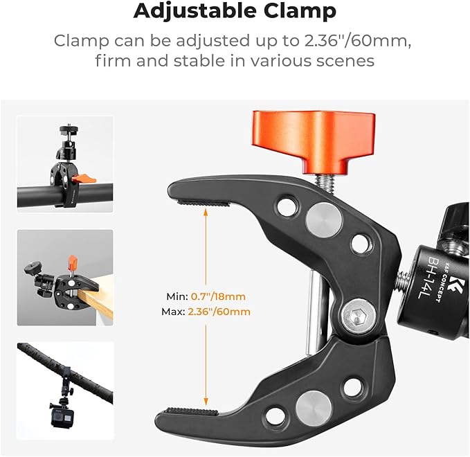 K&F CONCEPT Super Clamp Camera Clamp with 360° Ballhead, Compatible with GoPro/AKASO/Insta360/Pocket 3, 1/4" Screw & Cold Shoe Mount for Camera/Monitor/Light/Microphone