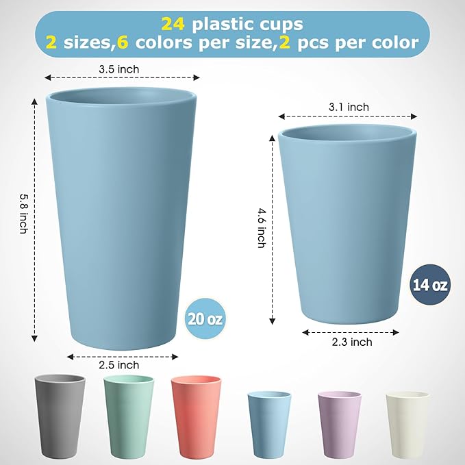 HEYCOME 24 Pcs Unbreakable Plastic Cups Set, 12 Pcs 14 oz and 12 Pcs 20 oz Reusable Plastic Cups, Stackable Water Tumblers, Drinking Cup for Kitchen, BPA-free, Dishwasher and Microwave Safe, 6 Colors