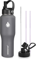 SENDESTAR Water Bottle 32oz,Wide Mouth Stainless Steel Vacuum Insulated Double Wall Keep Liquids Cold or Hot All Day,Sweat Proof Sport Design,Fit Car Cup Holder,2 Lids(Straw and Spout lid)(Gray)