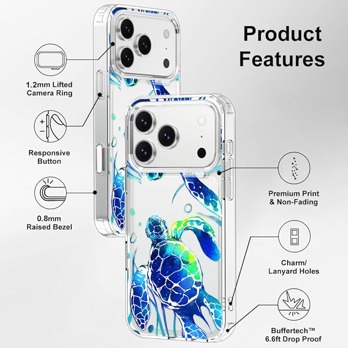 MOSNOVO for iPhone 17 Pro Case | Military Grade 6.6ft Drop Tested | Camera Control | Clear with Sea Turtles Design