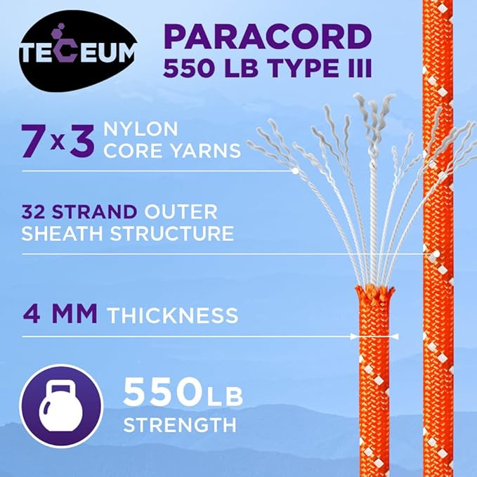 TECEUM Reflective Paracord Rope 1000 – 1000ft/200ft/100ft/50ft – 40+ Colors – Glow in The Dark – para Cord – Utility Rope for Survival, Hunting & Camping Gear – Nylon String, Camping Rope, Tent Cord