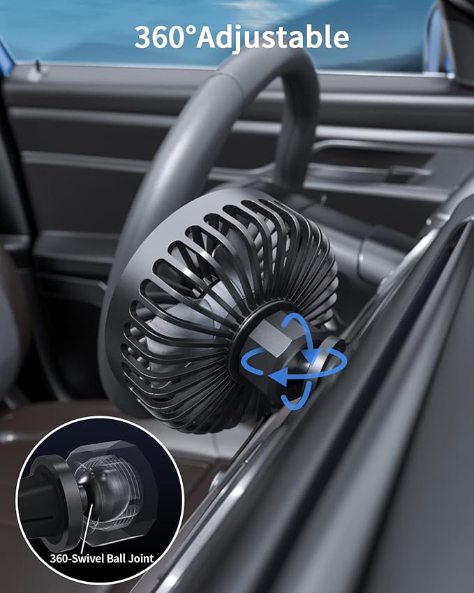 TriPole Car Fan USB Powered - Powerful 3 Speed, Portable Cooling Clip Fan for Car Vent, Quiet Brushless Motor, 360 Degree Rotatable, Air Circulation for Vehicle, Van, Truck, SUV, RV