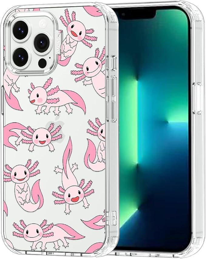 MOSNOVO Case for iPhone 13 Pro Max, [Buffertech 6.6ft Military-Grade Drop Protection] [Anti Peel Off Tech] Clear TPU Bumper Phone Case Cover Design - Pink Axolotl