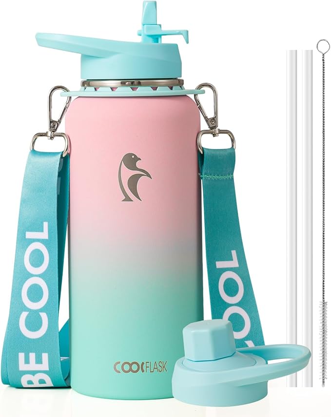 Coolflask Water Bottle with Straw, 32 oz Insulated Metal Water Flask with Straw & Spout Lids, Stainless Steel Double Wall Vacuum, Keep Cold 48h Hot 24h, Leak Proof, BPA-Free, Bubblegum Princess