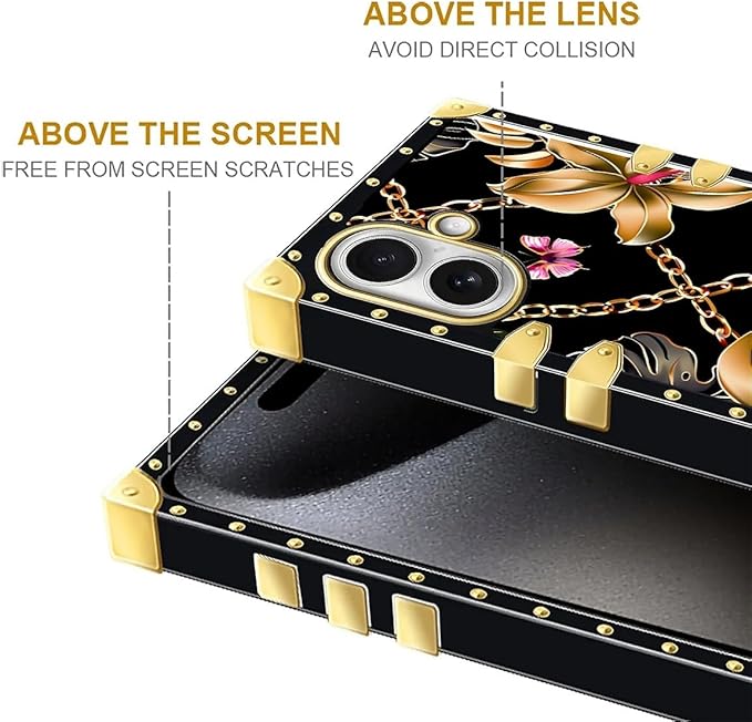 for iPhone 17 Case Luxury Golden Decoration for Girl Women Soft TPU Shockproof Protective Hard PC Back for iPhone 17 Crazy Pattern Pink Golden Chain Tropical Flower