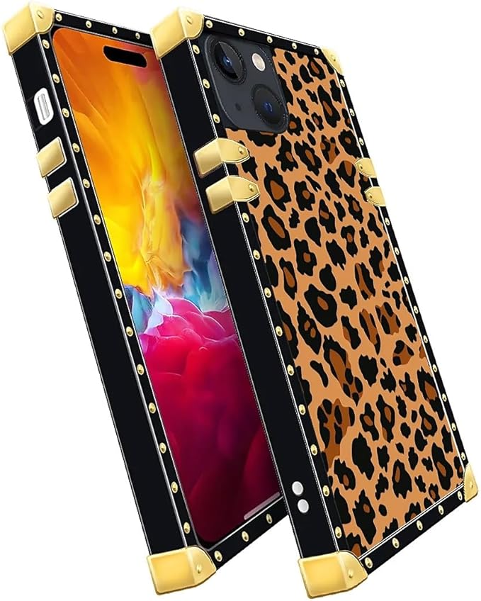 Compatible with iPhone 15 Case, Brown Leopard Texture Luxury Golden Decoration for Girl Women Soft TPU Shockproof Protective Hard PC Back for iPhone 15