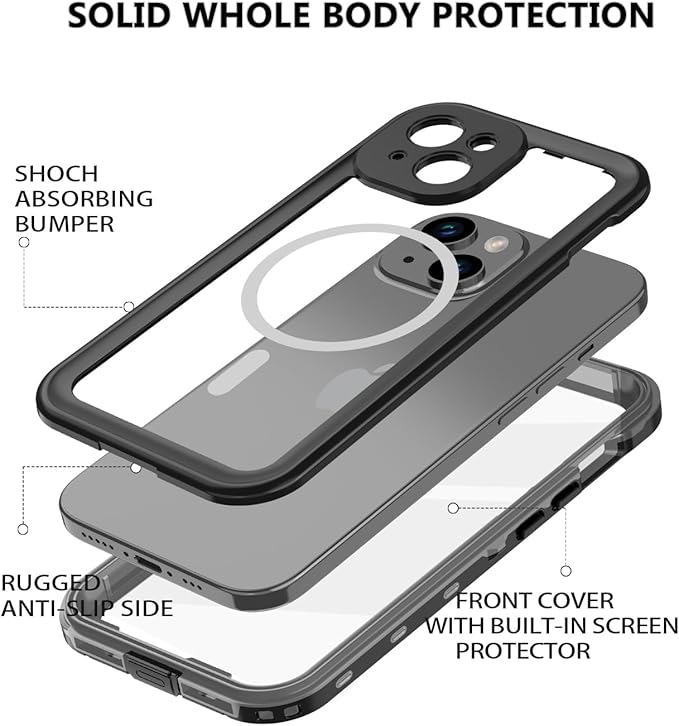 for iPhone 15 Plus Case Waterproof, [Shockproof] [Dustproof] [IP68 Waterproof] Full-Body Hard Case Built-in [Lens Screen Protection] for Diving Case (Black, for iPhone 15 Plus 6.7in)