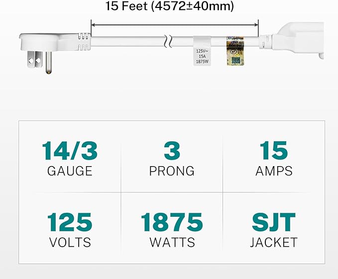 FIRMERST 1875W 15 Feet Extension Cord Heavy Duty 14 AWG Low Profile 15A W