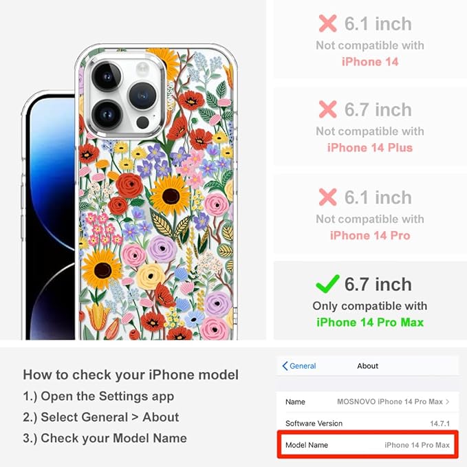 MOSNOVO Case for iPhone 14 Pro Max, [Buffertech 6.6ft Military-Grade Drop Protection] [Anti Peel Off Tech] Clear TPU Bumper Phone Case Cover Design - Blossom & Bloom