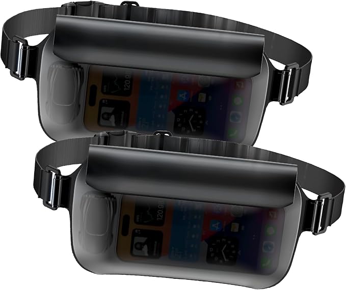 Waterproof Waist Bag, Passport Wallet Tote, IPX8 Waterproof Rating, Underwater-Use Phone Pouch, TUP Dry Bag, Ideal for Diving, Swimming, Kayaking (2-Pack Set in Black)