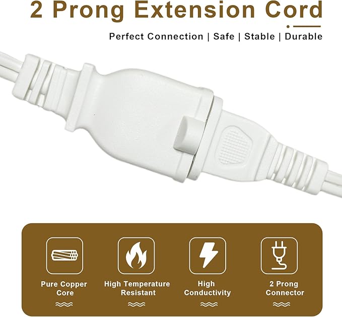 25 FT 2 Prong Extension Cord, 18AWG SPT-2 Indoor Male to Female Power Cord ETL Listed Extra Long Extension Cords, Flexible & Thin Design for Home Office Use, 10A 1250W, Polarized Plug, White