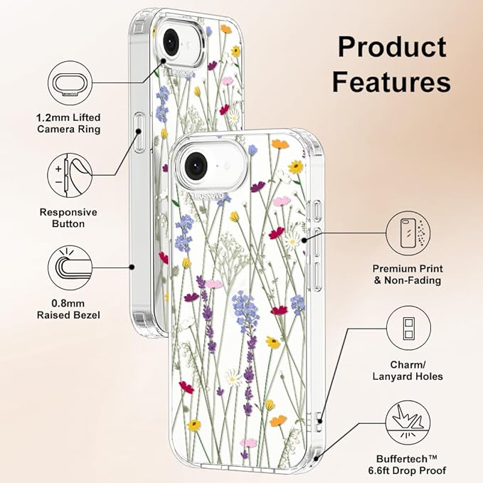 MOSNOVO for iPhone 17e Case/iPhone 16e Case, Shockproof Military-Grade Protection 6.6ft Drop Tested, Clear Phone Case for iPhone 16e / iPhone 17e, Floral Garden Design
