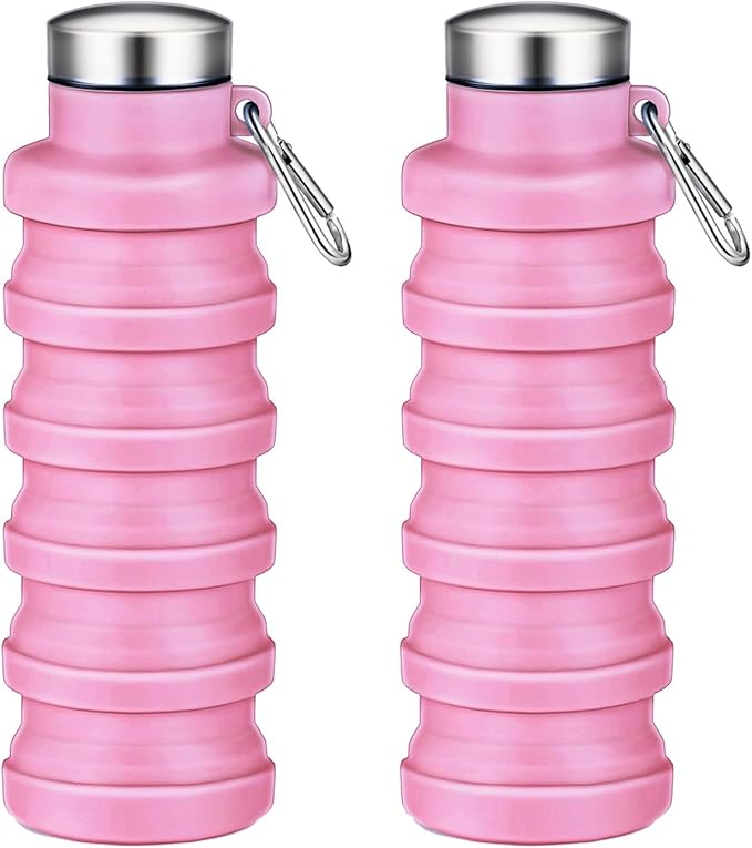 Collapsible Water Bottles,16oz Capacity Portable Reusable Silicone Water Bottle,Leak-proof,with buckle,foldable storage,Lightweight Durable for Fitness,Cycling,Sports,Camping,Hiking (Pink+Pink)