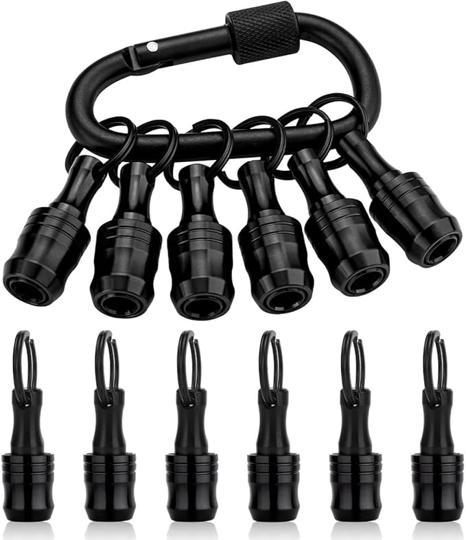 katerk 6pcs Bit Holder with Carabiner Socket for Mens Gift, 1/4 inch Hex Shank Aluminum Alloy Screwdriver Bit Holders, Quick Release Easy Change Impact Driver Drill Bit Keychain Extension (Black)