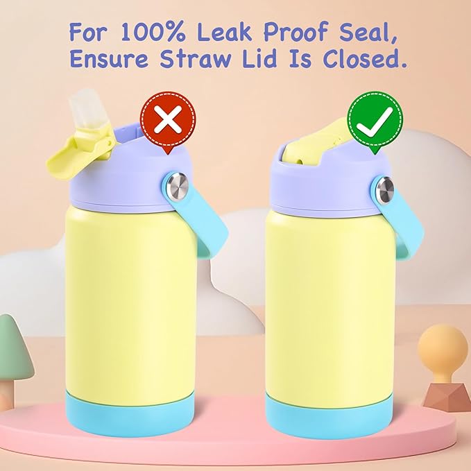 Kerilyn 12oz Kids Water Bottle, Stainless Steel Insulated Water Bottle for Kids, Toddler Cup with Straws Leak-Proof, Toddler Water Bottles for School Boys Girls, BPA Free, Cream