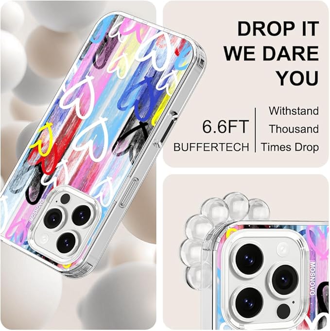 MOSNOVO for iPhone 16 Pro Max Case, Shockproof Military-Grade Protection 6.6ft Drop Tested, Clear Phone Case for iPhone 16 Pro Max, Graffiti Hearts Design