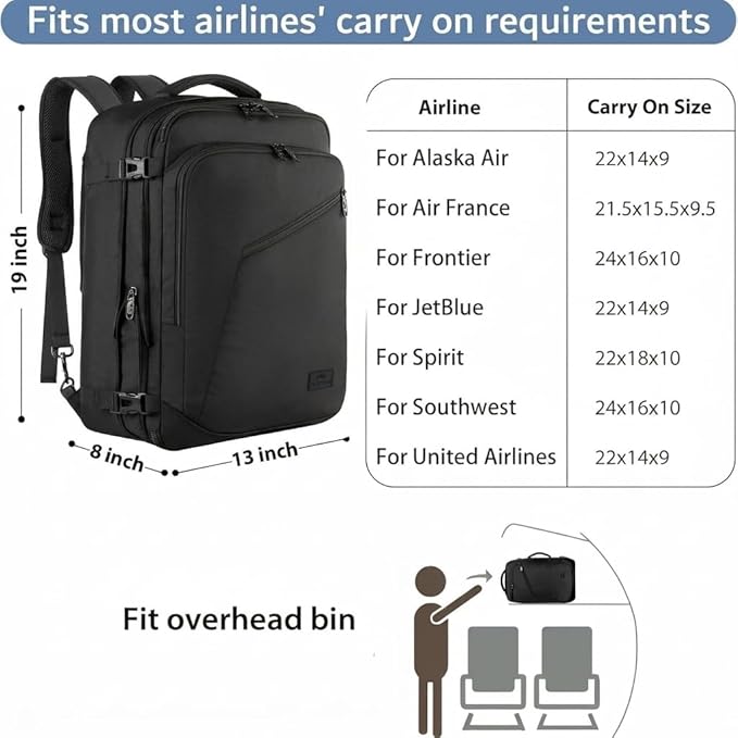 MATEIN Carry on Backpack, Extra Large Travel Backpack Expandable Airplane Approved Weekender Bag for Men and Women, Water Resistant Lightweight Daypack for Flight 40L, Black