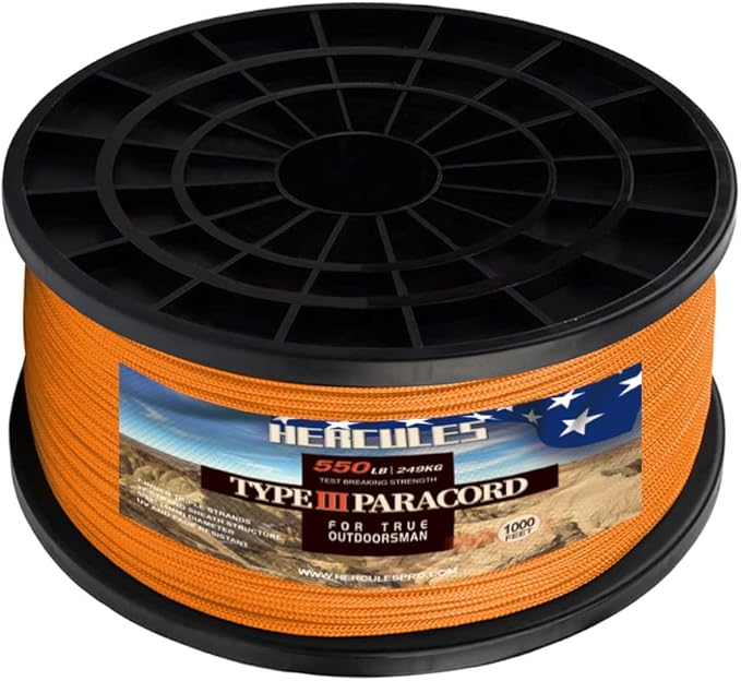 HERCULES Type III Paracord 550 Paracord Rope Parachute Cord, 1000' Neon Orange for Camping Cord, Survival Rope