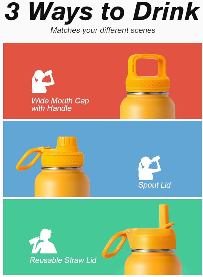 Water Bottle 40 oz Insulated with Straw&Brush, Coolflask Vaccum Stainless Steel Metal 3 Lids Water Flask for Sports, Gym or Office, Keep Cold 48H Hot 24H, Ombre Yellow/Orange